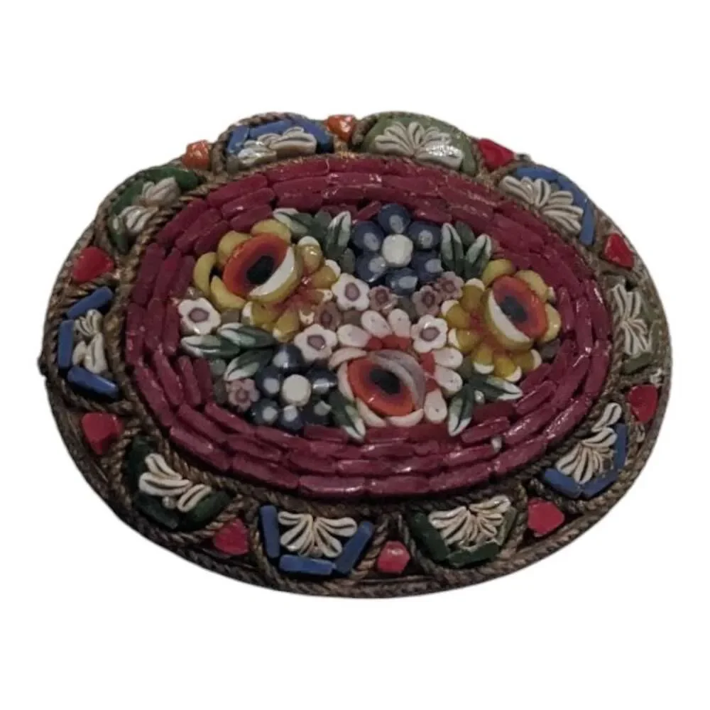 Vintage Micro Mosaic‎ Brooch Made in Italy Gold Tone Beaded Floral